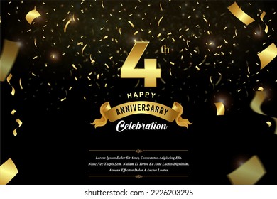 4th anniversary celebration Gold numbers with dotted halftone, shadow and sparkling confetti. modern elegant design with black background. for wedding party event decoration.