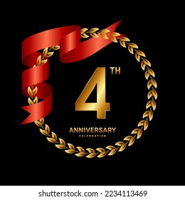4th Anniversary Celebration. Anniversary Logo Design with Laurel Wreath and Red Ribbon for Celebration Event, Wedding, Invitation, Greeting Card. Logo Vector Illustration svg
