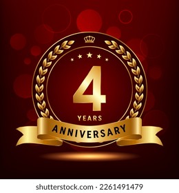 4th Anniversary Celebration. Anniversary logo design with golden color laurel wreath for birthday celebration event, invitation, greeting card, banner, poster, flyer, flyer. Logo Vector Template svg