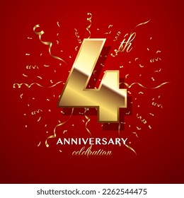 4th Anniversary Celebration. logo design with golden numbers and text for birthday celebration event, invitation, wedding, greeting card, banner, poster, flyer, brochure. Logo Vector Template svg