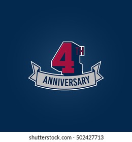 4th Anniversary Celebration Logo using 3d Number, Red Colored Isolated in Blue Background. Retro Style 