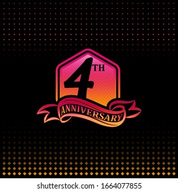 4th anniversary celebration logotype pink and yellow colored. four years birthday logo on black background.