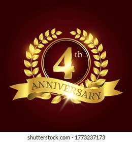 4th anniversary celebration. Luxury celebration template with golden laurel and ribbon on dark red background. Elegant vector template for invitation card, celebration, greeting cards and other.