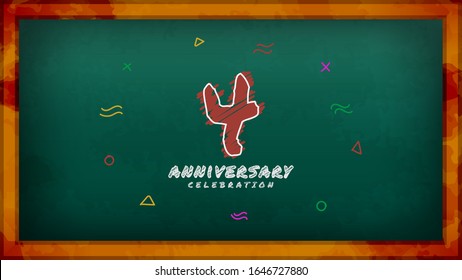 4th Anniversary celebration. Messy Chalk number with frame and geometric decoration on green chalkboard background. Old school style design vector EPS 10. Can be used for company or wedding.