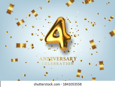 4th Anniversary celebration. Number in the form of golden balloons. Realistic 3d gold numbers and sparkling confetti, serpentine. Horizontal template for Birthday or wedding event. Vector illustration