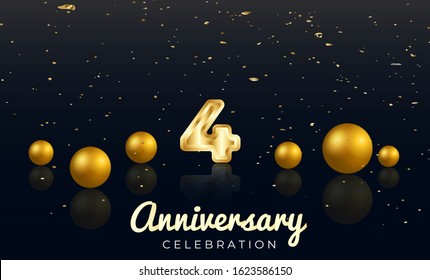 4th Anniversary celebration Vector background by using two colors in the design between gold and red, Golden number 4 with Realistic 3d sign & gold Sphere for Birthday or wedding party 