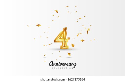 4th Anniversary celebration Vector background by using two colors in the design between gold and white, Golden number 4 with sparkling confetti Realistic gold 3d sign. Birthday or wedding party