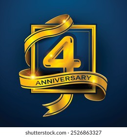 Diseño del cuarto aniversario de una cinta dorada envuelta alrededor del número '4' sobre un fondo azul oscuro. Perfecto para celebrar hitos o promover eventos de aniversario con un lujo.