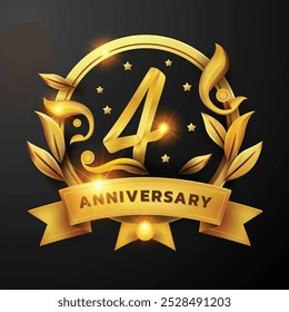 Diseño del cuarto aniversario de una cinta dorada y una hoja dorada Decorado alrededor del número '4' sobre un fondo negro. Perfecto para celebrar hitos o promover eventos de aniversario con un lujo.