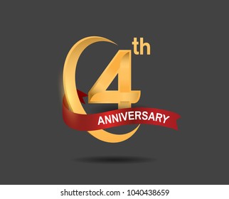 4th anniversary design logotype golden color with ring and red ribbon for celebration