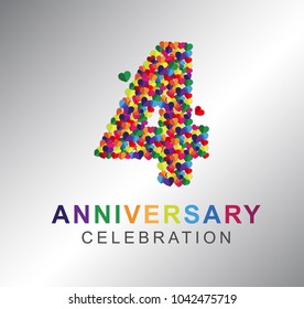 4th anniversary design logotype paper hearts multi-color for celebration