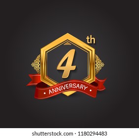 4th anniversary design logotype style with golden hexagon, ornament and red ribbon for use in celebration event.