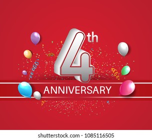 4th anniversary design red background with balloons and confetti for company celebration event 