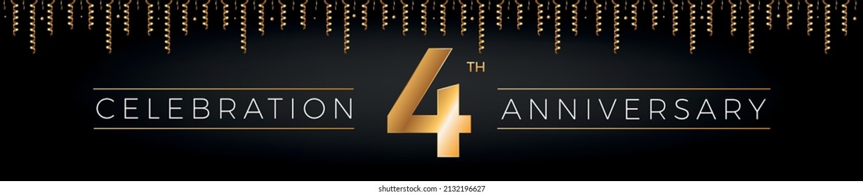 4th anniversary. Four years birthday celebration horizontal banner with bright golden color.