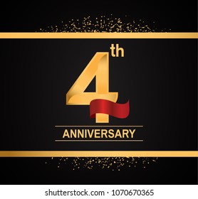 4th anniversary golden design with red ribbon and glitter isolated on black background for celebration