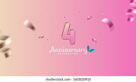 4th anniversary. Gradient pink and yellow Numbers with sparkling confetti. Modern elegant gradient background design vector EPS 10. For wedding party or company event decoration.