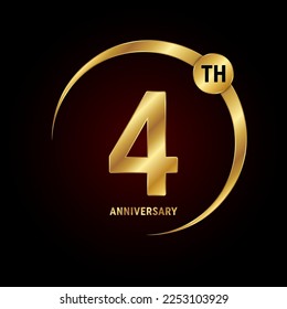 4.º aniversario. Concepto de diseño del logo del aniversario con anillo de oro para celebración del aniversario, tarjeta de invitación, tarjeta de saludo, banner, afiche, volante, portada del libro. Plantilla de vectores de logotipos