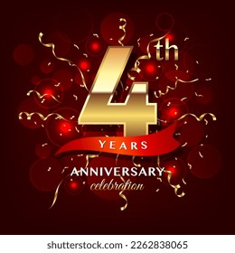 4th Anniversary logo design with golden numbers and red ribbon for anniversary celebration event, invitation, wedding, greeting card, banner, poster, flyer, brochure, book cover. Logo Vector Template svg