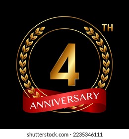 4th Anniversary. Anniversary Logo Design with Laurel Wreath and Red Ribbon for Celebration Event, Wedding, Invitation, Greeting Card. Logo Vector Illustration