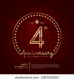 Logo del 4º aniversario con número de línea doble y texto dorado para celebración de cumpleaños, invitación, afiche de pancartas, volante y tarjeta de saludo, plantilla de vector