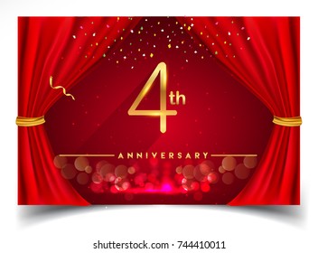 4th Anniversary Logo with Glowing Golden Colors Isolated on Realistic Red Curtain, Vector Design for Greeting Card, Poster and Invitation Card
