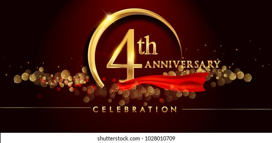 4th anniversary logo with golden ring, confetti and red ribbon isolated on elegant black background, sparkle, vector design for greeting card and invitation card svg