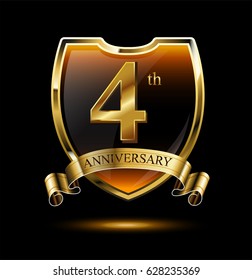 4th anniversary logo with golden shield and ribbon. Vector illustration celebration template