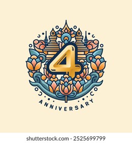 A 4th anniversary logo on a cream and brown pastel background, with a golden '4' surrounded by lotus flowers and Thai stupas. Soft orange, teal, and gold blend to reflect elegance and culture.