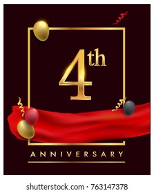 4th anniversary logo with red ribbon  and confetti golden colored isolated on elegant background, vector design for greeting card and invitation card