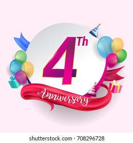 4th Anniversary logo with ribbon, balloon, and gift box isolated on circle object and colorful background