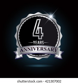 4th anniversary logo with ribbon and silver shiny badge, vector design for birthday celebration
