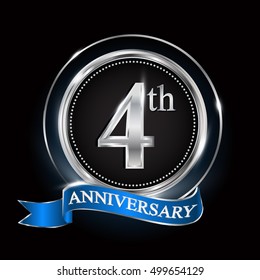 4th anniversary logo with silver ring and blue ribbon.