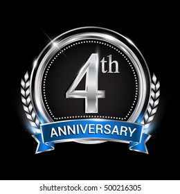 4th anniversary logo with silver ring combination blue ribbon and laurel wreath. Vector template for birthday celebration, party, wedding, invitation and greeting card