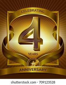 4th anniversary logo. Vector and illustration shiny gold ribbon