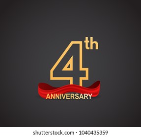 4th anniversary logotype design with line golden color and red ribbon for celebration isolated on dark background