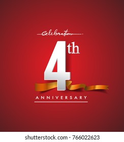 4th anniversary logotype with golden ribbon isolated on red elegance background, vector design for birthday celebration, greeting card and invitation card.