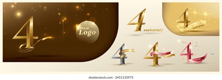 Logotipo del cuarto aniversario número de oro moderno con cinta brillante. Logotipo alternativo número de la celebración del aniversario de oro