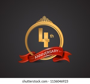 4th anniversary logotype style design luxury  golden color and ornament with warp red ribbon for company celebration event