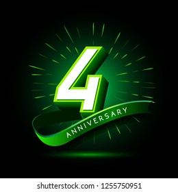 4th anniversary neon text vector design template. green number neon logo, light banner design element colorful design trend, night bright advertising neon text anniversary event party template