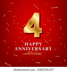 4th anniversary vector template with a golden number and golden confetti spread on a red background
