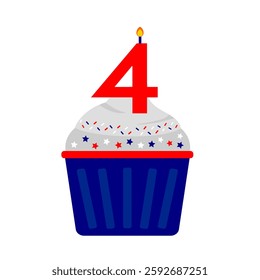 4th birthday cake. American themed cupcake. Red, Blue, White colour. Cupcake clip art cartoon flat style. Isolated white background