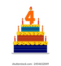 4th birthday cake blue and chocolate with numeric candle. cartoon style tart cake happy birthday for kids illustration. Cake element. Celebration tart. Editable vector