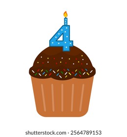 4th Birthday Cake. Chocolate cupcake clip art vector. Cupcake with colourful mess candy isolated on a white background. Anniversary cake. Birthday cake. Valentine cupcake