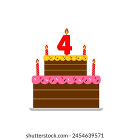 4th birthday cake chocolate and red numeric candle. cartoon style tart happy birthday for kids illustration