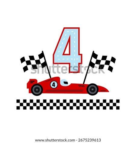 4th birthday design logo, emblem for party, invitation, decor, T-shirt, room poster. Race car theme boy birthday. Red racing car, number 4 and checkered finish flags. Vector illustration.