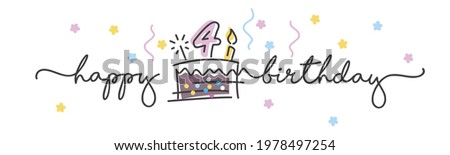 4th Birthday handwritten typography lettering Greeting card with colorful big cake, number, candle and confetti