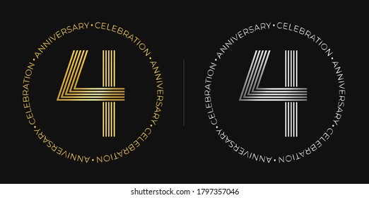 4th birthday.Four years anniversary celebration banner in golden and silver colors. Circular logo with original number design in elegant lines.