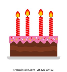 4th chocolate birthday red candle tart cake with pink toping colour vector illustration. Anniversary cake cartoon flat style. Tart clip art sweet cake