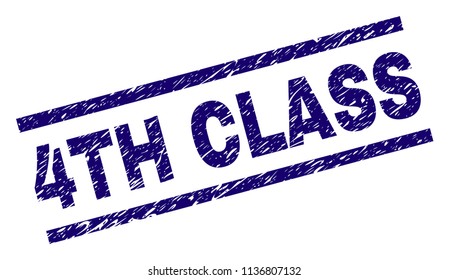 4TH CLASS stamp seal watermark with grunge style. Blue vector rubber print of 4TH CLASS title with grunge texture. Text title is placed between parallel lines.