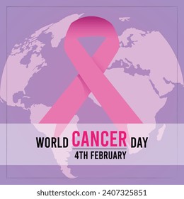 4th February. World Cancer Day square Poster with pink ribbon. Purple background againt a globe. World map print. Awareness day, Attention day.Cancer day. Used for banners, posters,social networks.EPS